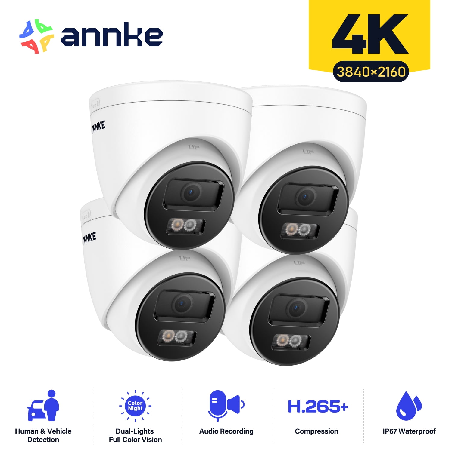 ANNKE 4Pcs 4K PoE Security Camera, Outdoor Turret Surveillance Wired Cameras for Home Security, AI Human/Vehicle Detection, Smart Dual Light, Color Night Vision, 120 dB WDR, 4mm Lens, Built-in Mic