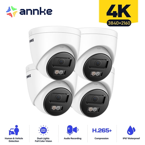 ANNKE 4Pcs 4K PoE Security Camera, Outdoor Turret Surveillance Wired Cameras for Home Security, AI Human/Vehicle Detection, Smart Dual Light, Color Night Vision, 120 dB WDR, 4mm Lens, Built-in Mic
