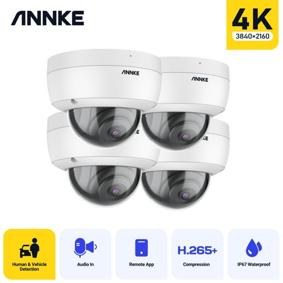 ANNKE 4Pcs Dome 8MP 4K Ultra HD PoE ONVIF IP Security Camera with H.265+ IP67 Weatherproof IK10 Vandal-Proof Audio Recording Supports 256 GB TF Card Remote Access Motion Alerts