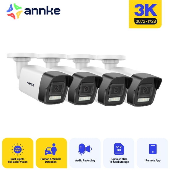 ANNKE 4Pcs IP PoE Camera - 3K Ultra HD, Color Night Vision with Spotlight, IP67 Outdoor Bullet Surveillance Camera with Person Vehicle Detection, for Home Business Security