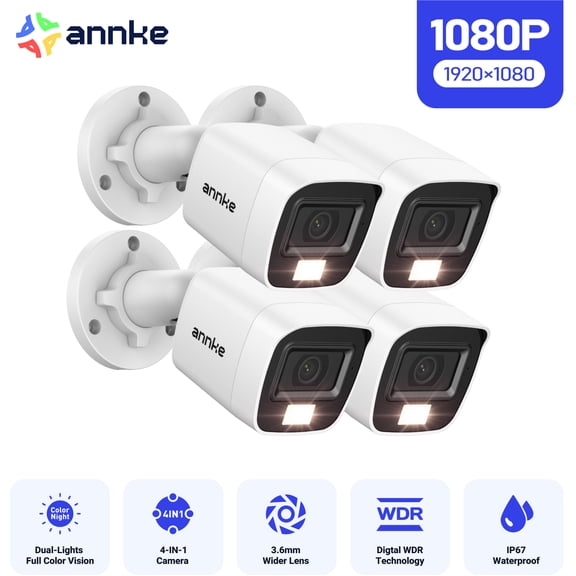 ANNKE 4pcs 2MP Wired Security Camera Kits, HD TVI Bullet Security CCTV Camera System with IR Night Vision, IP66 Waterproof, Home Surveillance Camera System for Indoor/Outdoor,  Smart Dual Light