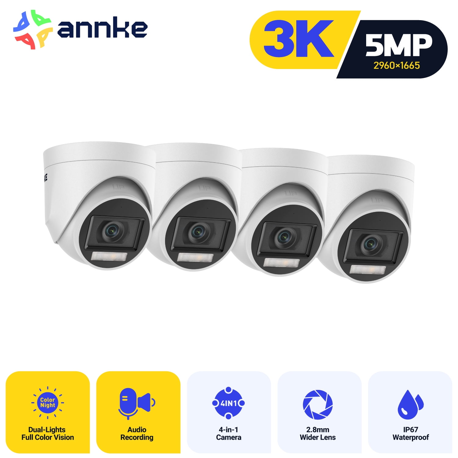 ANNKE 5MP 4PCS Outdoor Surveillance Camera with Human/Vehicle Detection,3K Wired IP67 Waterproof CCTV Outdoor Cameras for Home with Smart Dual Light,Built-in Microphone,IP67,IR Night Vision