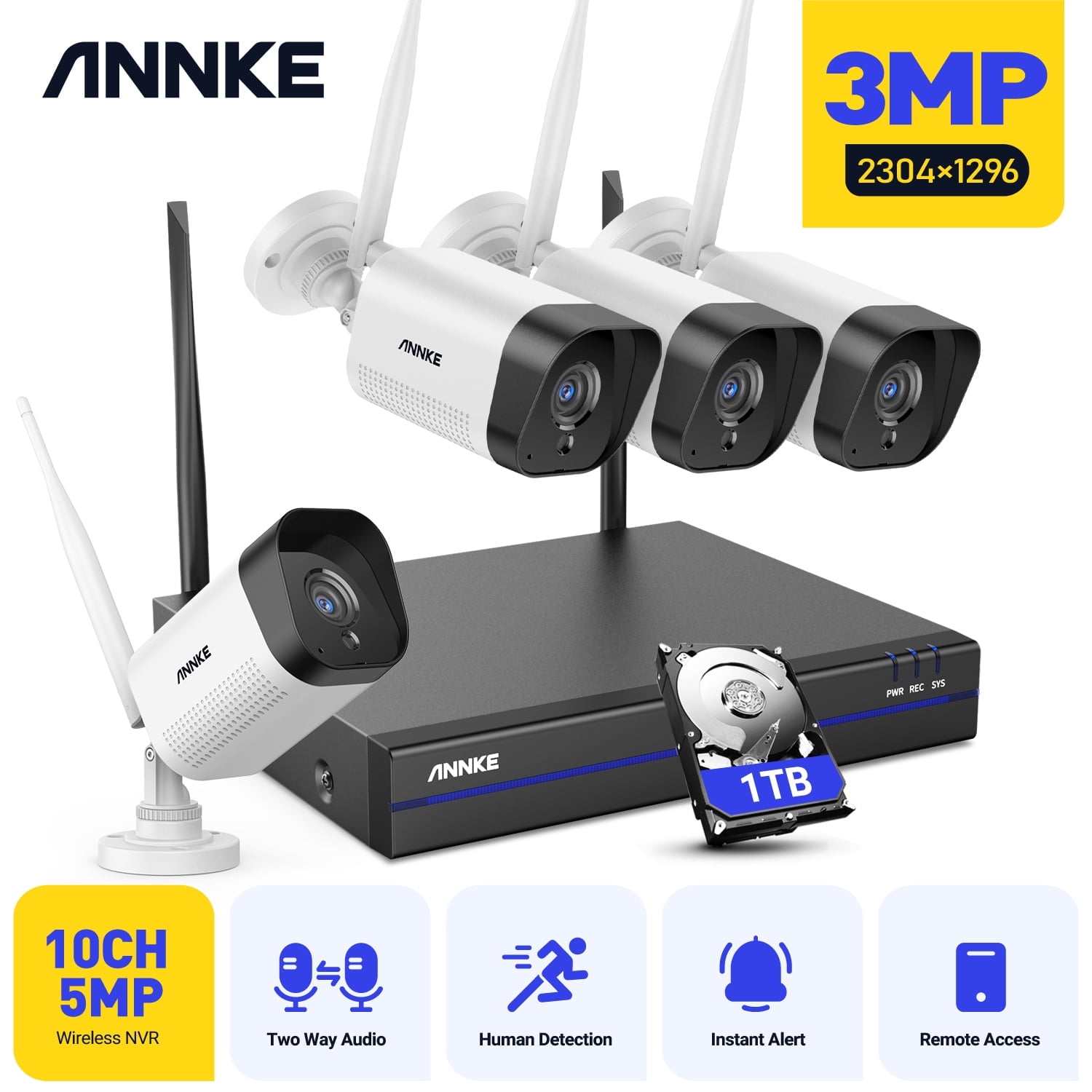 ANNKE 5MP 8CH NVR Wireless 3MP Security IP Camera System Two Way Audio Recording, WiFi NVR with 4Pcs 3MP Weatherproof IP Bullet Cameras, 100ft Night Vision, Smart Motion Alerts, 1T Hard Drive
