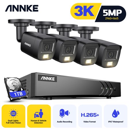 ANNKE 5MP H.265+ Security Camera System, 8CH 3K Lite Surveillance DVR and 4x 3K CCTV Bullet Camera with Mic/Audio, Color Night Vision, 1TB HDD, Smart Dual Light, AI Human/Vehicle Detection, IP67