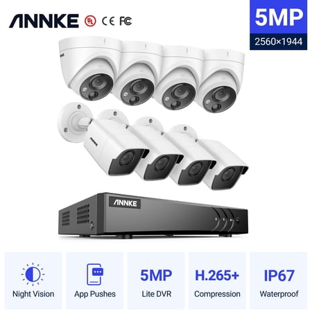 ANNKE 5MP Security Camera System 5mp Lite H.265+ DVR Surveillance with 8pcs IP67 Waterproof Outdoor Wired Security Kit White without HDD