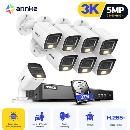 ANNKE 5MP Security Camera System for Indoor Outdoor, H.265+ 5-in-1 4K 8CH DVR Recorder with AI Human/Vehicle Detection, 8X 3K IP67 CCTV Bullet White Cams with Smart Dual Light, Built-in Mic, 2TB HDD