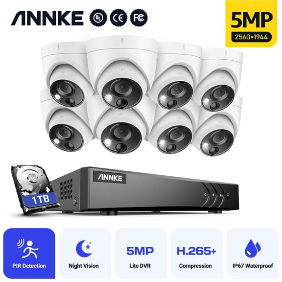 ANNKE 5MP Wired Home Security Camera System H.265 Pro+ DVR Surveillance with 4pcs 5MP PIR Outdoor Cameras IP67Weatherproof, Visual Alarm, 100ft Night Vision, 1T HDD