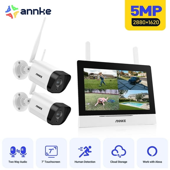 ANNKE 5MP Wireless Security Camera System with 7" Touchscreen Monitor, 4CH NVR with 2Pcs 5MP Outdoor WiFi Cameras, 2-Way Audio, IP66 Weatherproof, Motion Detection, H.264+, 100ft Night Vision
