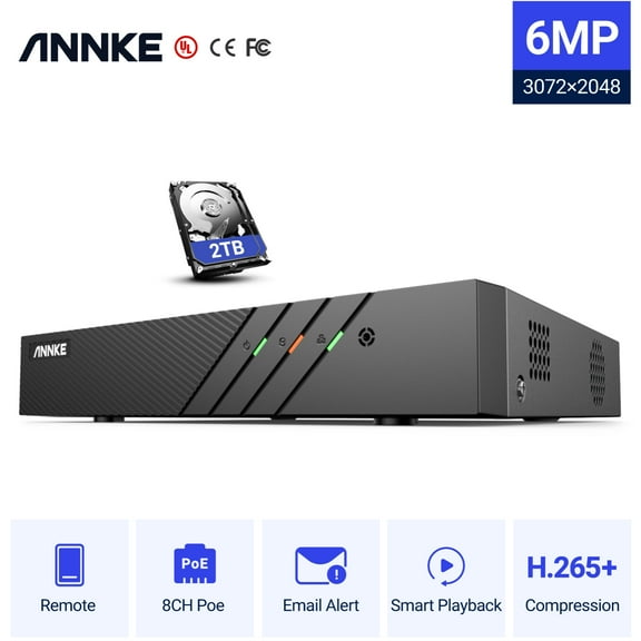 ANNKE 6MP PoE NVR with 2TB HDD Pre-Installed, H.265+ 8CH Surveillance Netword Video Recorder Supports Up to 8X 6MP/5MP/4MP/1080P IP Camera, 24/7 Recording, Power Over Ethernet, Easy Remote Access