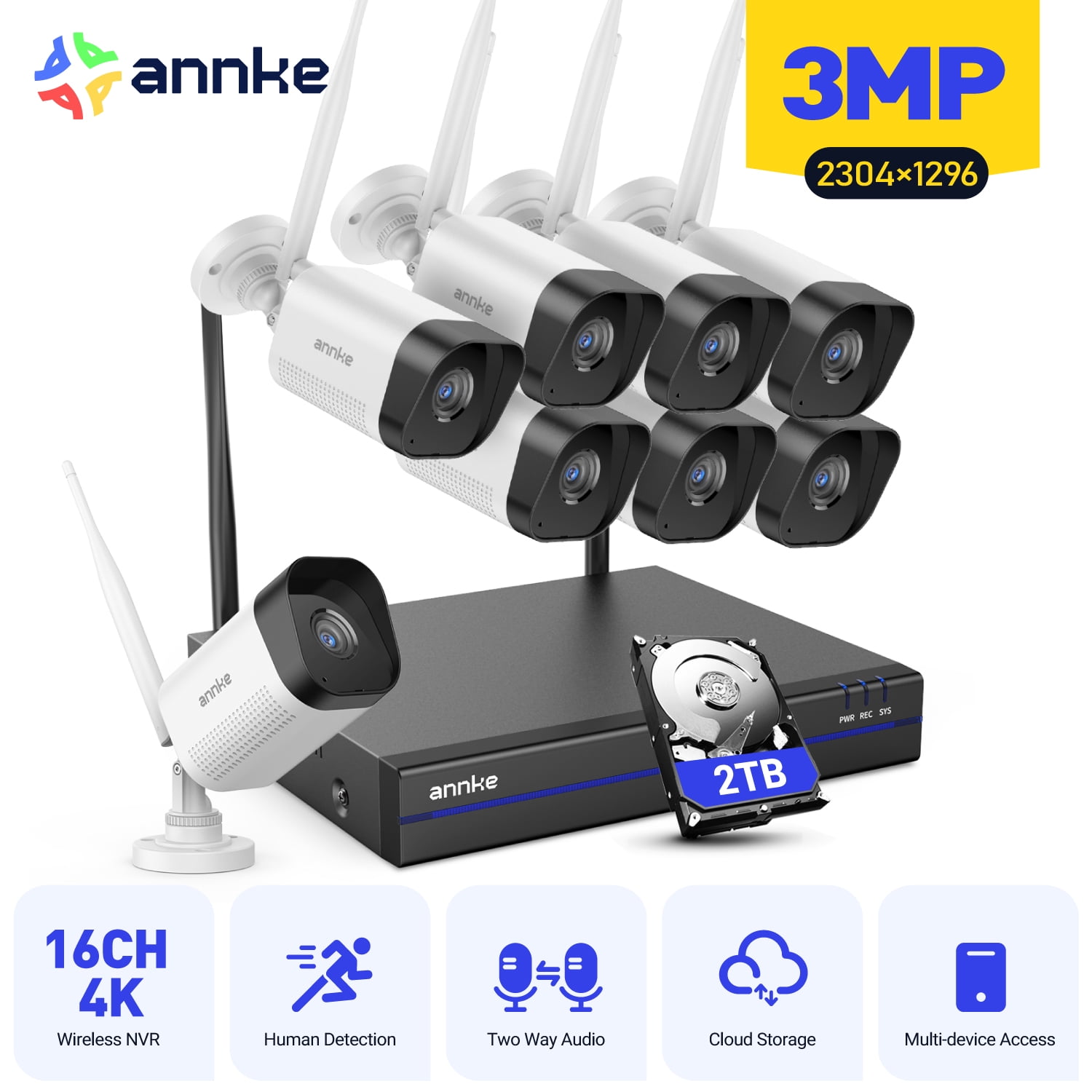 ANNKE 8 Channel 5MP Wireless NVR Security System with 8Pcs 3MP HD WiFi IP Cameras 100 ft Night Vision H.264+ Smart Motion Alerts Audio Record AI Human Detection IP66 Waterproof  with 2T HDD