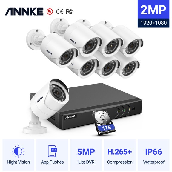 ANNKE 8CH 1080P Outdoor CCTV Video Home Security 8PCS White Bullet Weatherproof Camera System Surveillance Kits With 1T Hard Drive Disk