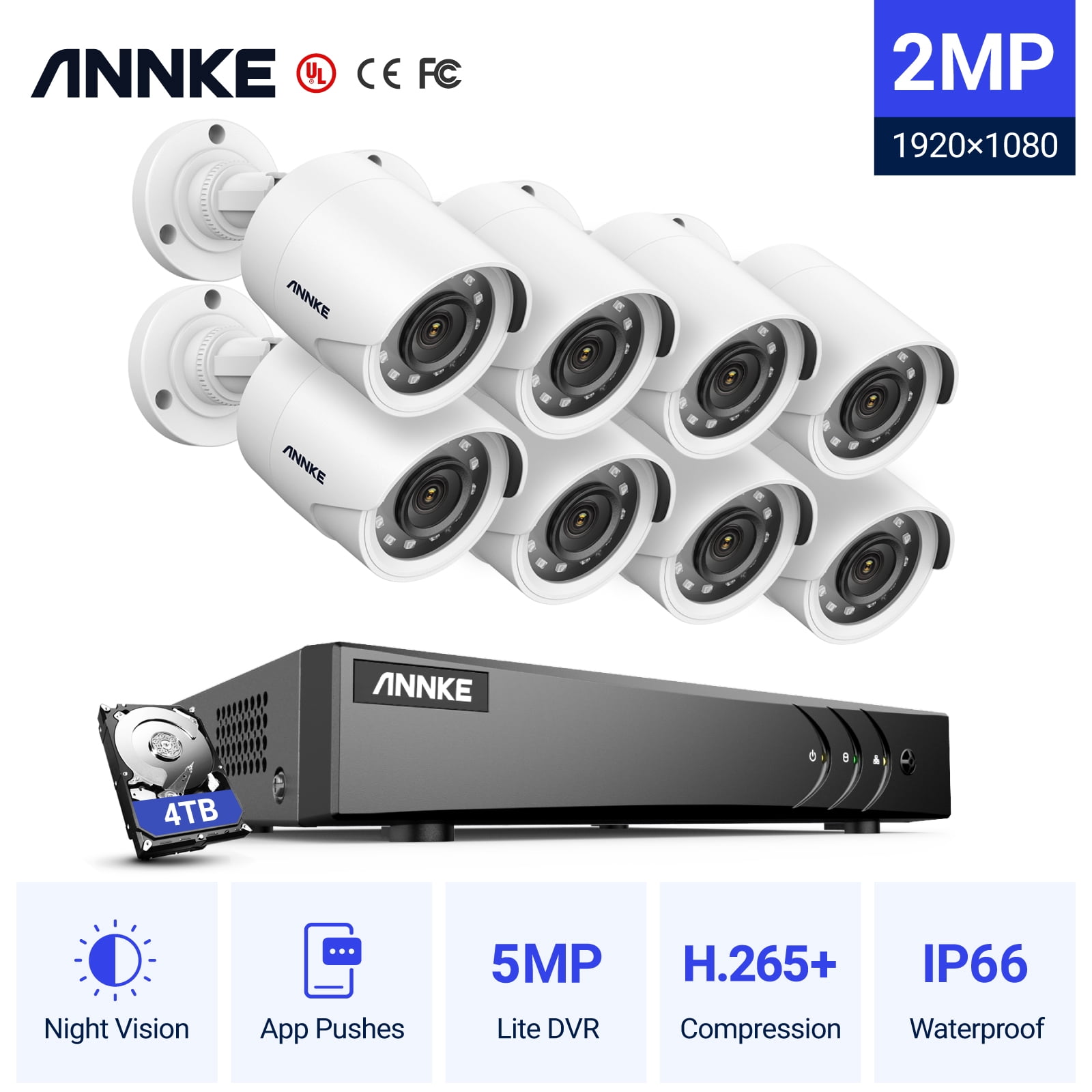 ANNKE 8CH 1080P Outdoor CCTV Video Home Security 8PCS White Bullet Weatherproof Camera System Surveillance Kits With 4T Hard Drive Disk