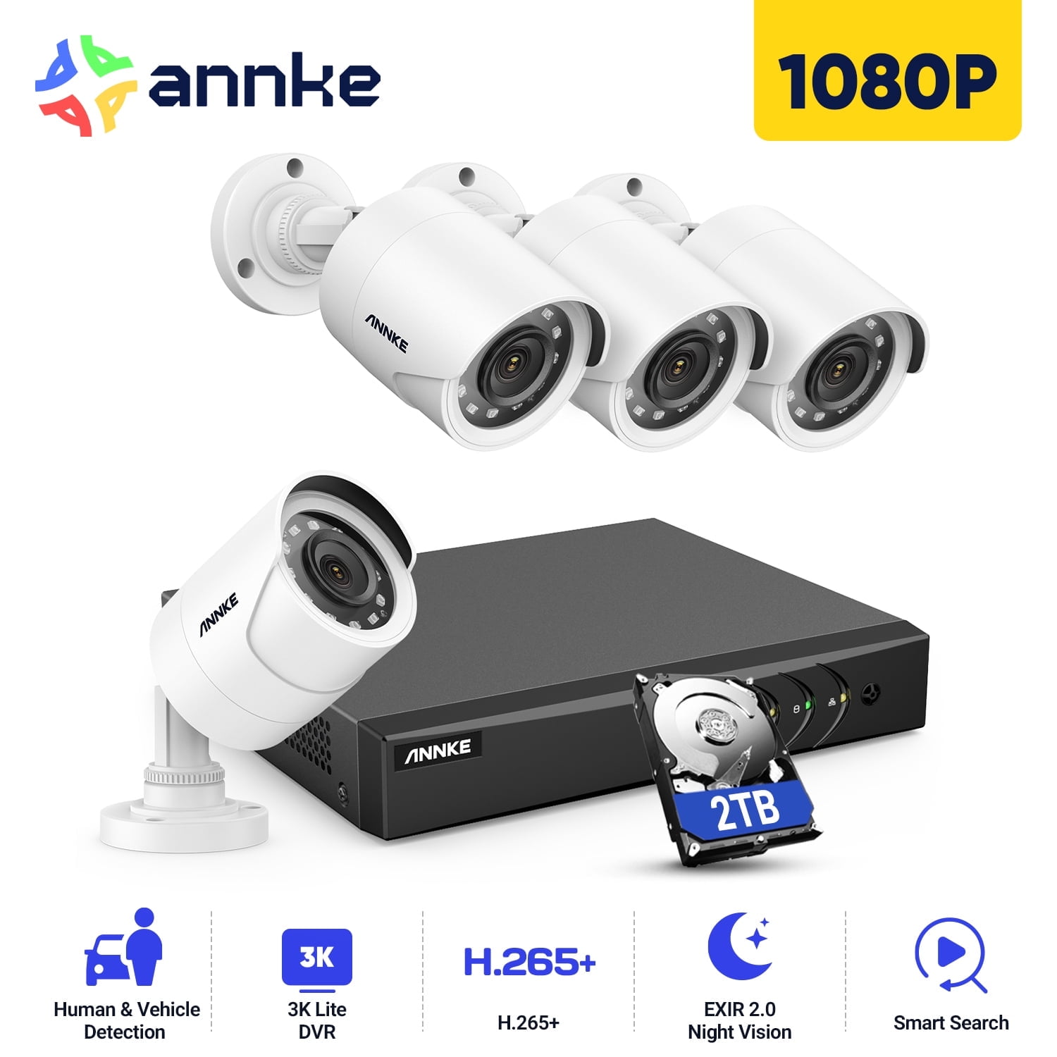 ANNKE 8CH 3K Lite Wired Security Camera System, H.265+ AI DVR with Human/Vehicle Detection, 4 x 1080p Outdoor CCTV Bullet Camera, 100 ft Night Vision, Easy Remote Access, Motion Alert, 2TB HDD – E200