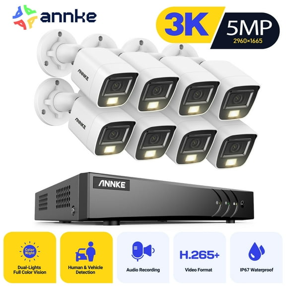 ANNKE 8CH 3K Security Camera System with Audio/Mic, 3K AI DVR and 8x5MP CCTV Camera with Dual Light, Human/Vehicle Detection, IP67, Color Night Vision, NO HDD, Surveillance System Kit
