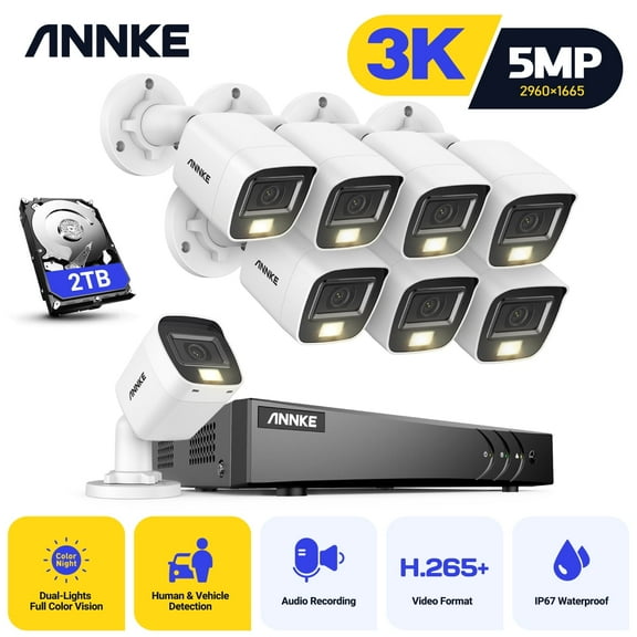ANNKE 8CH 3K Security Camera System with Audio/Mic, 3K Lite Surveillance AI DVR and 8 x 3K 5MP 2960*1665 CCTV Camera with Dual Light, Human/Vehicle Detection, IP67, Color Night Vision, 2TB Hard Drive