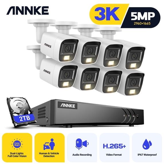 ANNKE 8CH 5MP Security Camera System, 3K AI DVR and 8x3K CCTV Camera with Dual Light, Human/Vehicle Detection, IP67, Color Night Vision, 2TB HDD, Audio/Mic