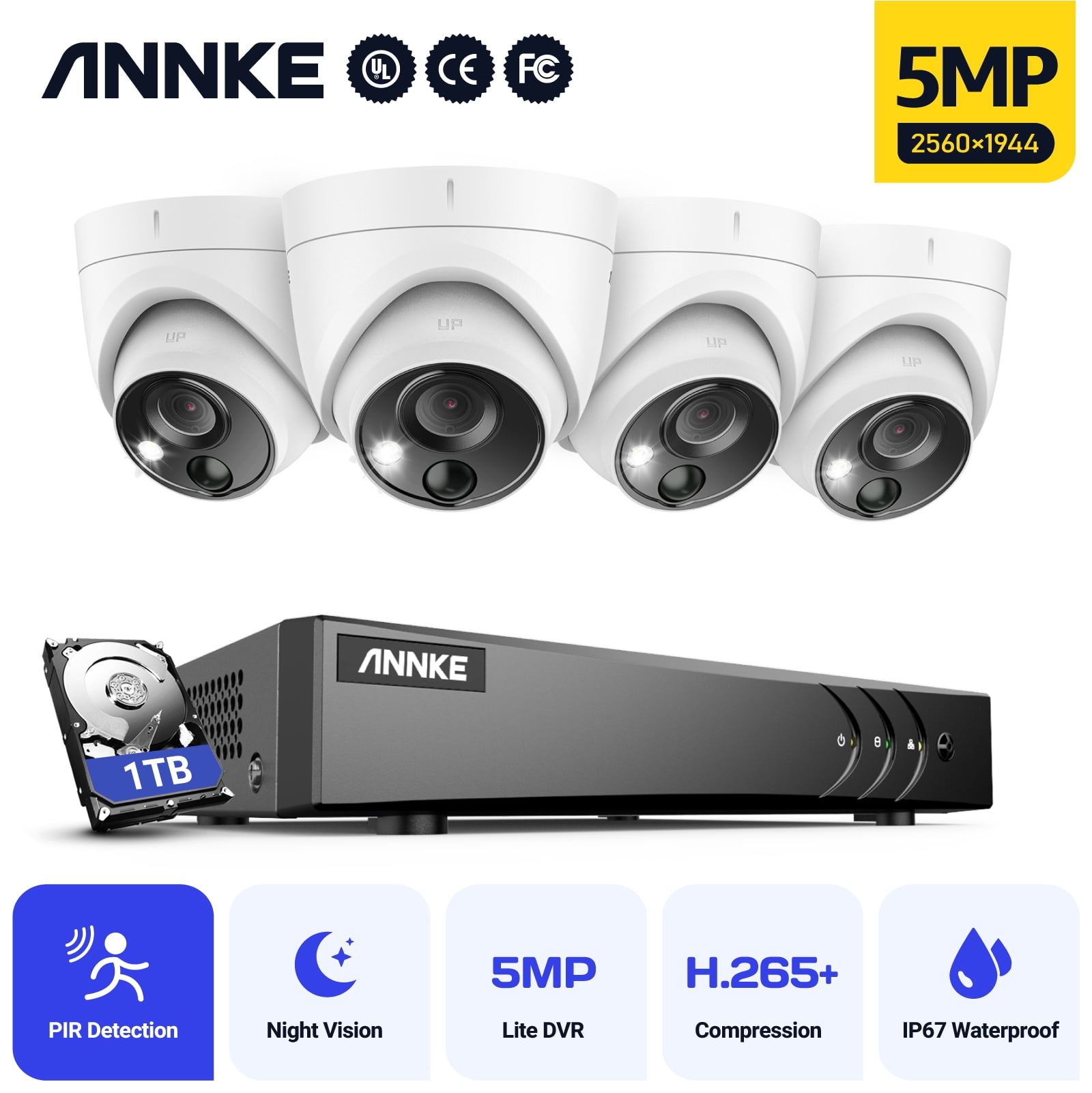 ANNKE 8CH 5MP Security Camera System 5MP Lite 5IN1 H.265+ DVR with 4pcs 5MP PIR HD EXIR Dome Weatherproof Surveillance CCTV Kit with 1T HDD