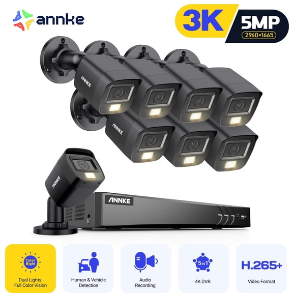 ANNKE 8CH 5MP Security Camera System, H.265+ 5-in-1 4K DVR Recorder with AI Human/Vehicle Detection, 8X 3K IP67 CCTV Bullet Black Cams with Smart Dual Light, Built-in Mic, Work with Alexa, NO HDD