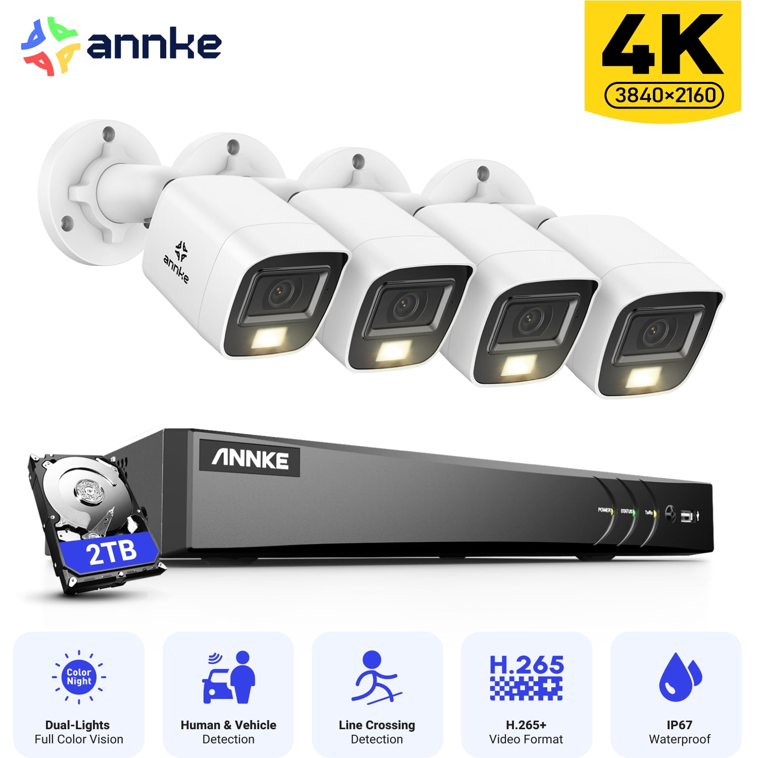 ANNKE 8CH 8MP Home Security Camera System for Indoor and Outdoor, AI DVR and 4x4K IP67 Bullet Home & Surveillance Cameras, Work with Alexa, Smart Dual Light, 2TB HDD
