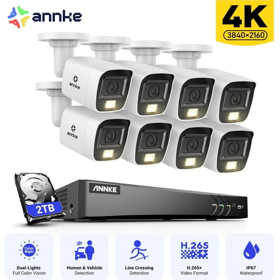 ANNKE 8CH 8MP Home Security Camera System for Indoor and Outdoor, AI DVR and 8x4K IP67 Bullet Home & Surveillance Cameras, Work with Alexa, Smart Dual Light, 2TB HDD