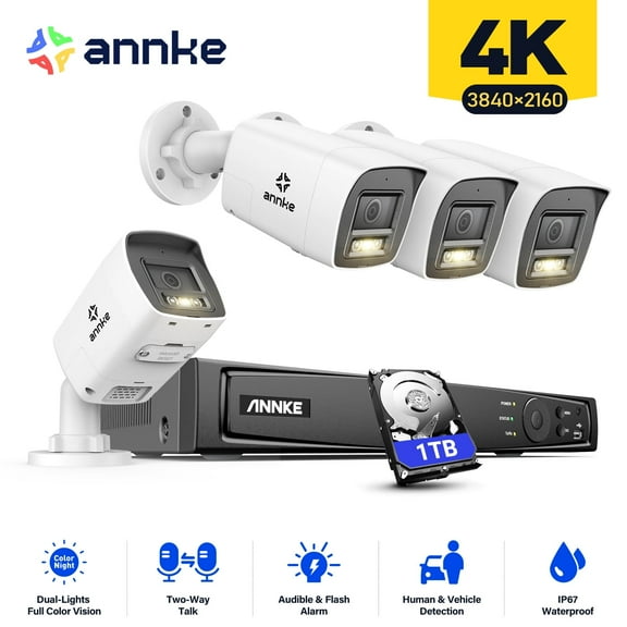 ANNKE 8CH H.265+ 4K Outdoor PoE Security Camera System, 12MP NVR and 4X 8MP Outdoor Bullet IP Cam, Two Way Audio, 4mm Lens, IP67, Smart Dual Light, Built-in Mic, AI Human/Vehicle Detection, 1TB HDD