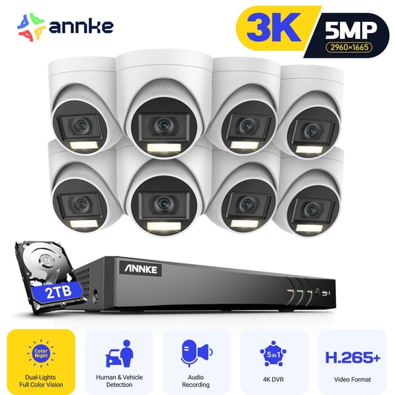 ANNKE 8CH Security Camera System, H.265+ 5-in-1 4K DVR Recorder with AI Human/Vehicle Detection, 8X 3K IP67 CCTV Turret Cameras with Smart Dual Light, Built-in Mic, 100ft Colour Night Vision, 2TB HDD