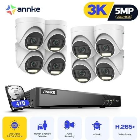 ANNKE 8CH Security Camera System, H.265+ 5-in-1 4K DVR Recorder with AI Human/Vehicle Detection, 8X 3K IP67 CCTV Turret Cameras with Smart Dual Light, Built-in Mic, 100ft Colour Night Vision, 4TB HDD