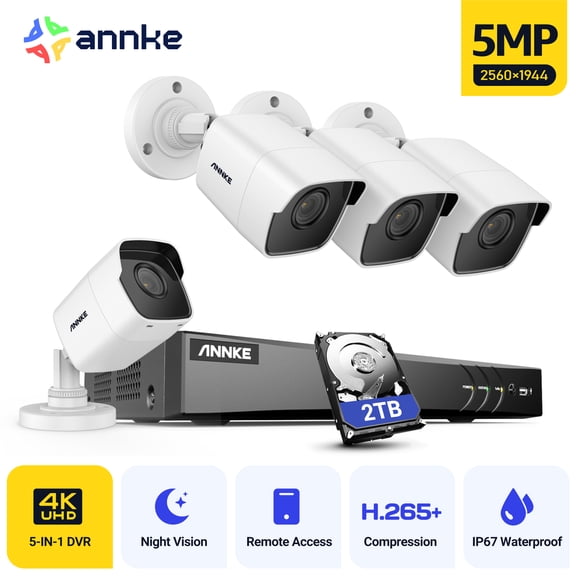 ANNKE 8CH Security Camera System, H.265+ 5-in-1 4K DVR Recorder with AI Human/Vehicle Detection, 4X 5MP IP67 CCTV Outdoor Cameras with 100ft Night Vision, Smart IR, Work with Alexa, 2TB Hard Drive