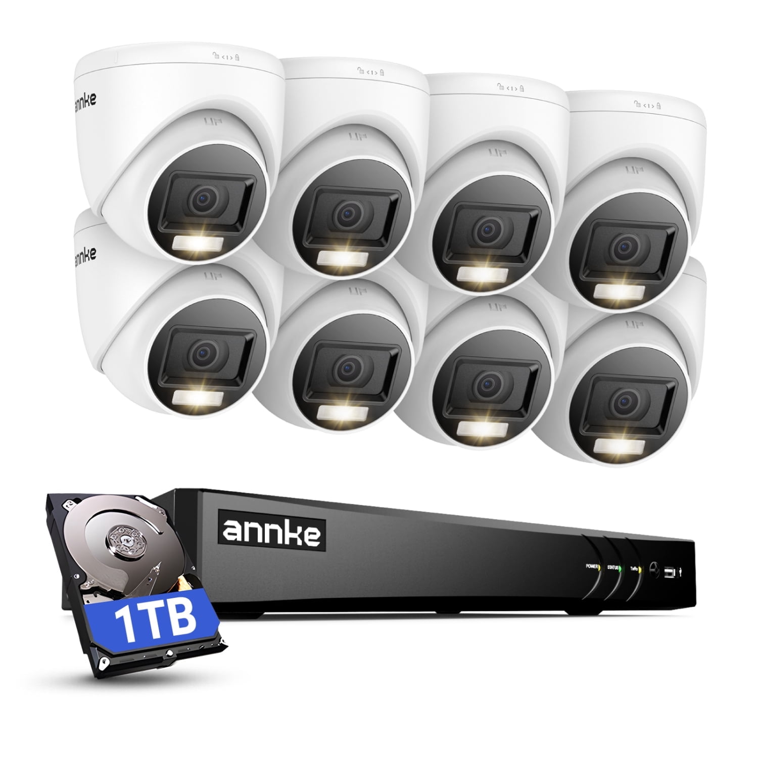 ANNKE 8CH Wired Outdoor Security Camera System with AI Human/Vehicle Detection, 4K H.265+ 5-in-1 DVR and 8x2MP Cameras, Email Alert with Snapshots, 1TB HDD, 66ft Night Vision, Smart Dual Light, White