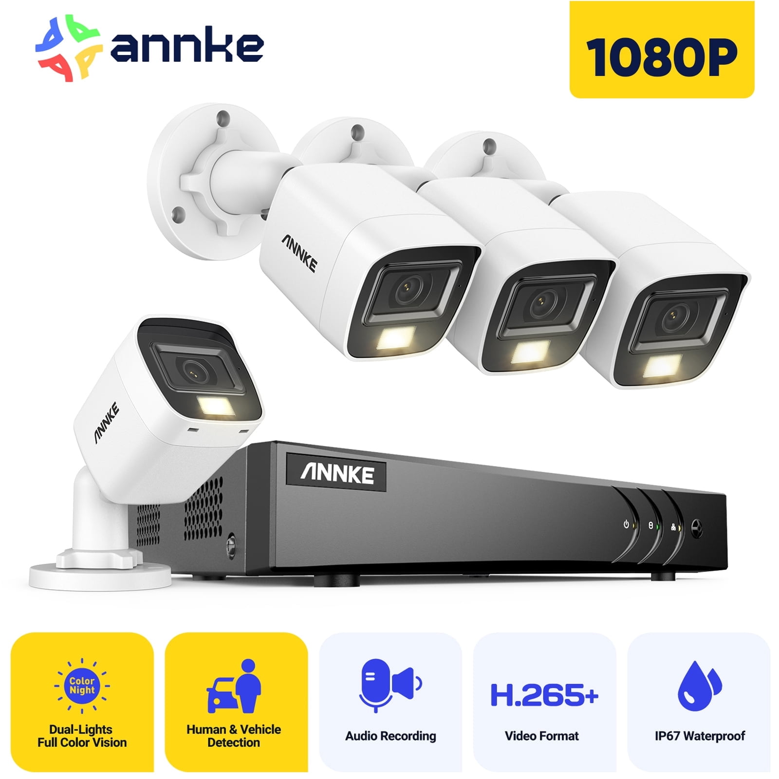 ANNKE 8CH Wired Outdoor Security Camera System with AI Human/Vehicle Detection, 5MP Lite H.265+ CCTV DVR Recorder and 4 x 1080P Surveillance Cameras, Email Alert with Snapshots, 0TB HDD, White