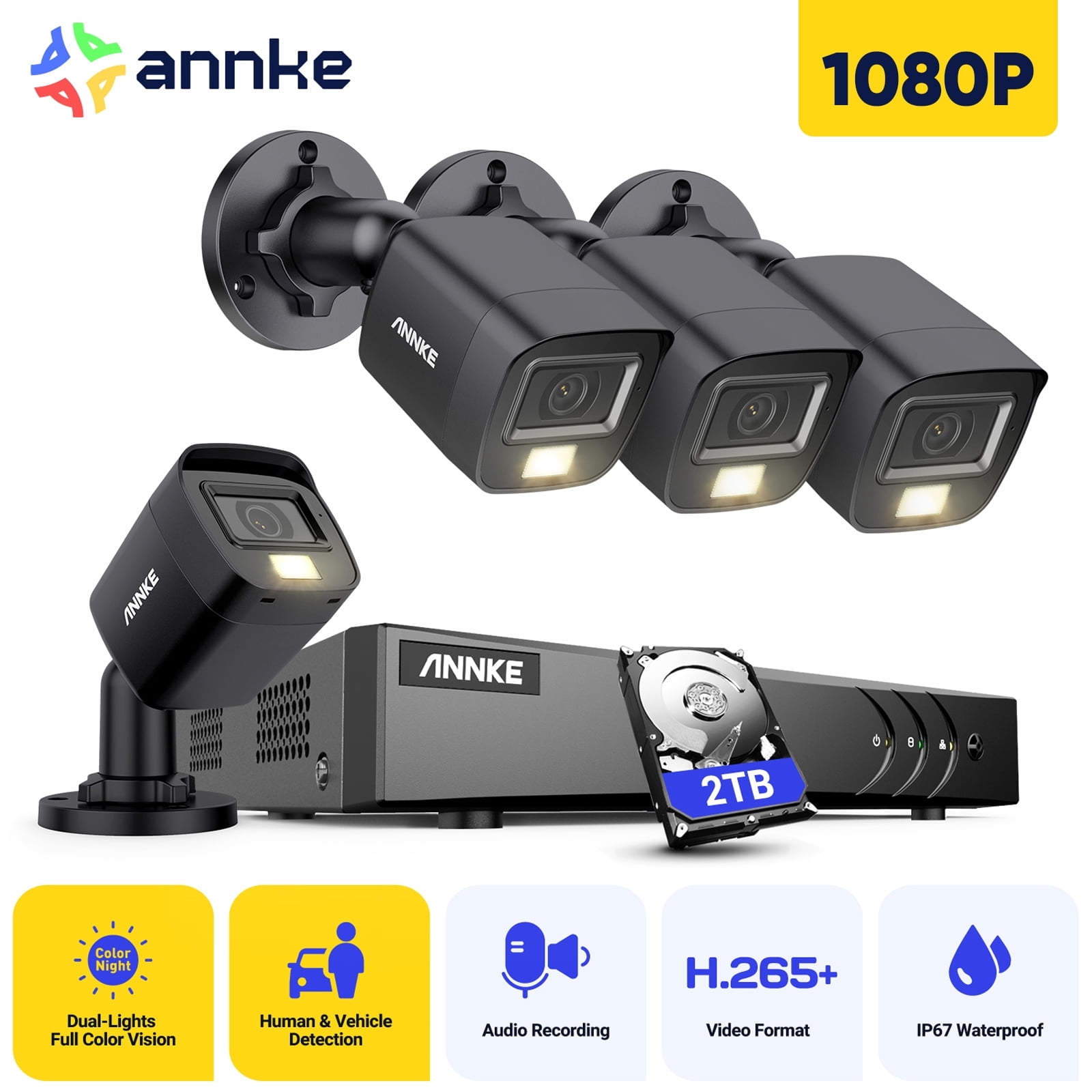 ANNKE 8CH Wired Outdoor Security Camera System with AI Human/Vehicle Detection, 5MP Lite H.265+ CCTV DVR Recorder and 4 x 1080P Surveillance Cameras, Email Alert with Snapshots, 2TB HDD, Black