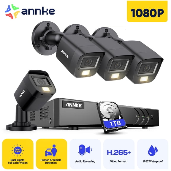 ANNKE 8CH Wired Outdoor Security Camera System with AI Human/Vehicle Detection, 5MP Lite H.265+ CCTV DVR Recorder and 4 x 1080P Surveillance Cameras, Email Alert with Snapshots, 1TB HDD, Black