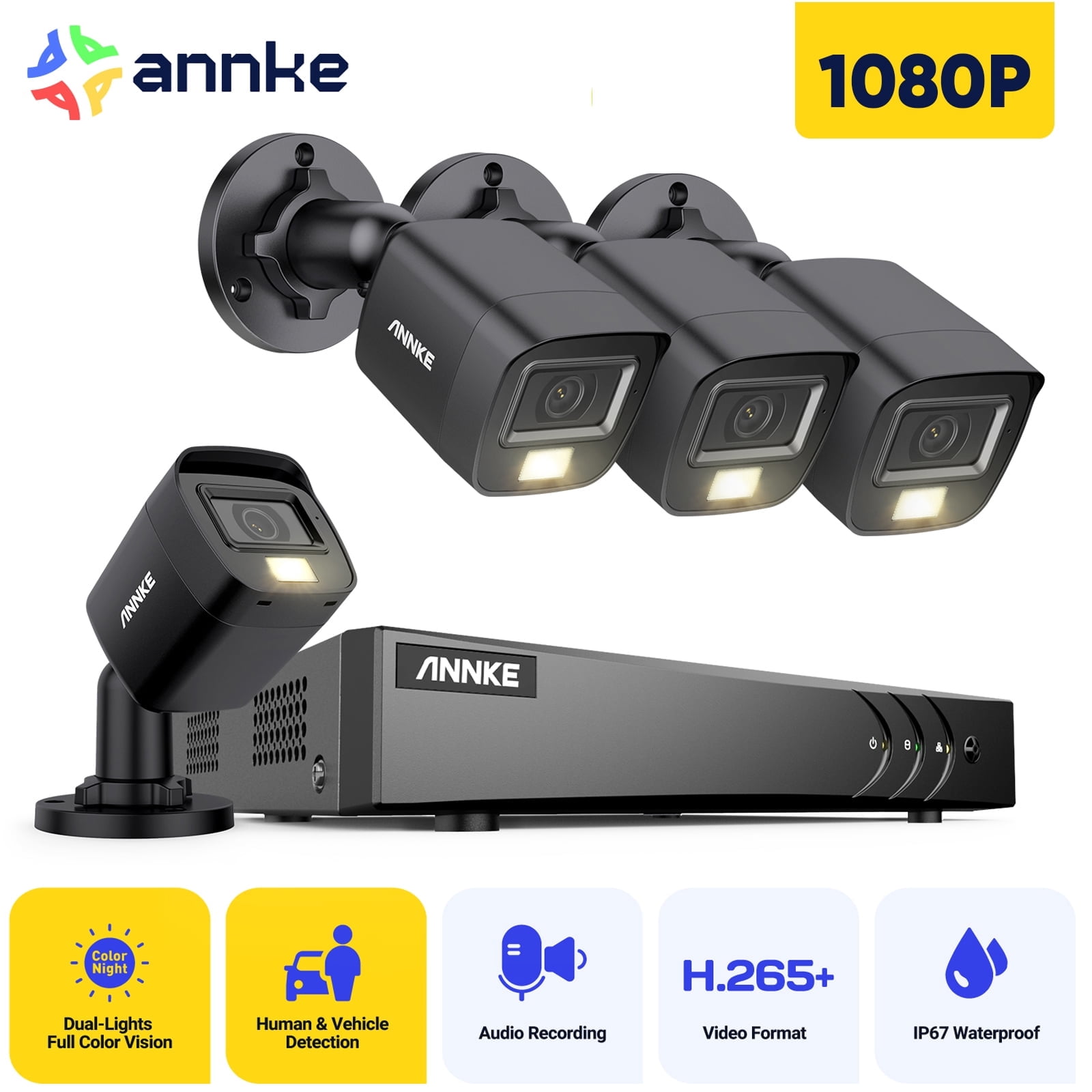 ANNKE 8CH Wired Outdoor Security Camera System with AI Human/Vehicle Detection, 5MP Lite H.265+ CCTV DVR Recorder and 4 x 1080P Surveillance Cameras, Email Alert with Snapshots, No HDD, Black