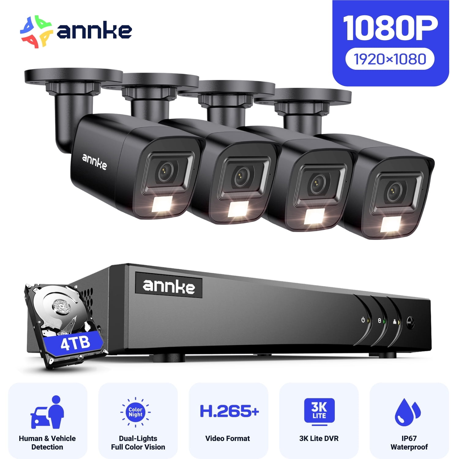ANNKE 8CH Wired Outdoor Security Camera System with AI Human/Vehicle Detection, 5MP Lite H.265+ CCTV DVR Recorder and 4 x 1080P Surveillance Cameras, Email Alert with Snapshots, 4TB HDD, Black