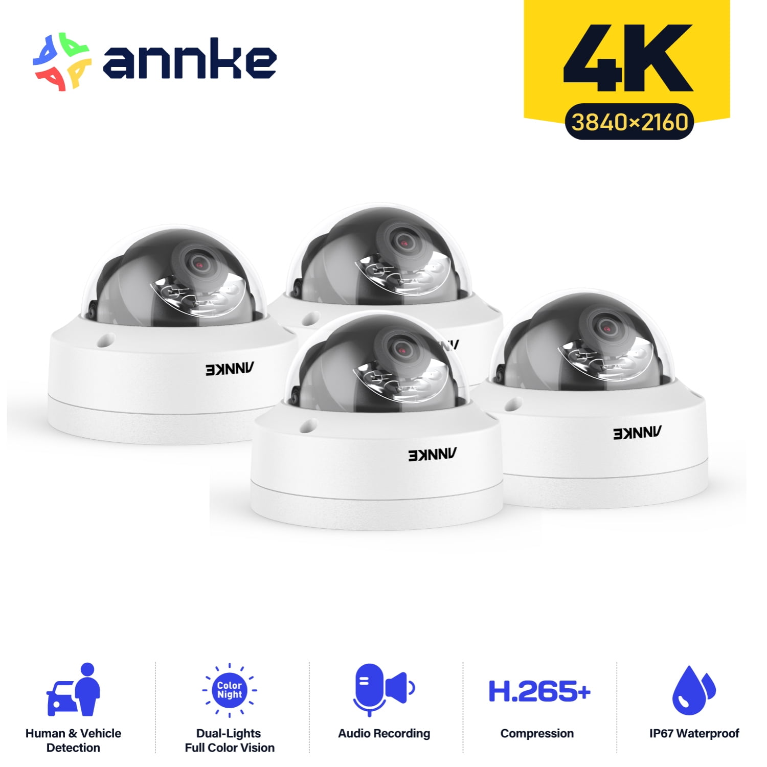 ANNKE 8MP 4Pcs Outdoor Security Camera, Wired 4K Wireless Camera Night Vision with AI Motion Detection Alarm, IP67 Weatherproof, 4mm Lens, Built-in Mic, Dual Lights Night Vision