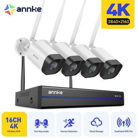 ANNKE 8MP H.264+ Wireless Security Cameras System, 16CH 8MP WiFi NVR Recorder with 4Pcs 8MP Weatherproof Cameras, 100ft Night Vision, Smart Motion Alerts, Two-Way Audio, Compatible with Alexa, NO HDD