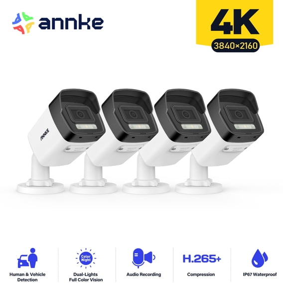 ANNKE 8MP PoE 4Pcs Outdoor Security Camera, Night Vision, Built-in Mic, Home Camera with Smart Dual Light, 4mm Lens, Human & Vehicle Detection, Built-in Microphone & SD Card Slot, IP67 Weatherproof