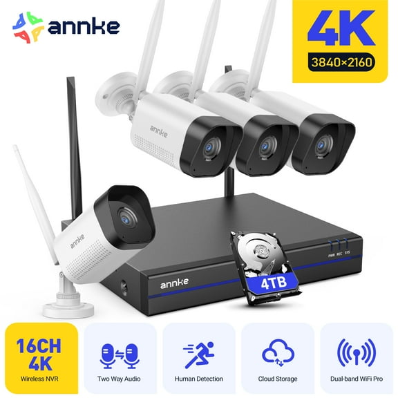ANNKE H.264+ Wireless Security Cameras System, 16CH 8MP WiFi NVR Recorder with 4Pcs 8MP Weatherproof Cameras, 100ft Night Vision, Smart Motion Alerts, Two-Way Audio, Compatible with Alexa, 4TB HDD