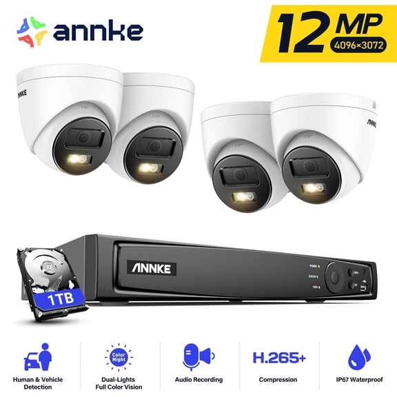 ANNKE H.265+ 12MP 8 Channel NVR Recorder 4 Turret Cameras PoE Security System, Color & IR Night Vision, Human & Vehicle Detection, ,Built-in Microphone, 100 FT EXIR Night Vision with Smart IR, 1T HDD