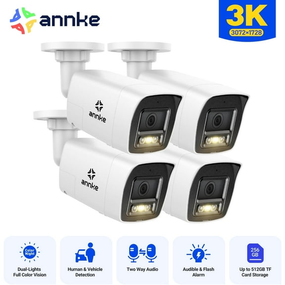 ANNKE H.265+ 3K 4PCS PoE Security IP Camera Two Way Audio Outdoor Color Night IP67 AI Motion, Smart Dual Light Bullet Cameras for Home Surveillance, IP67 Weatherproof, Human & Vehicle Detection