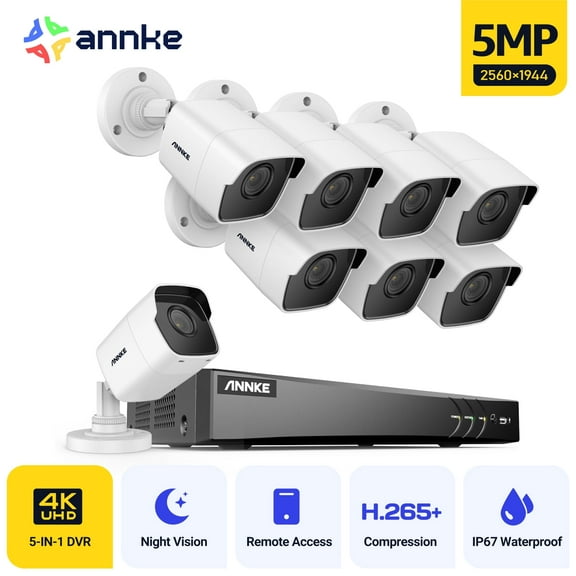 ANNKE H.265+ 3K 8CH Security Camera System, 5-in-1 4K DVR and 8X5MP CCTV Outdoor Bullet Cameras, IP67 Weatherproof, AI Human/Vehicle Detection, 100ft Night Vision, Smart IR, Work with Alexa, NO HDD