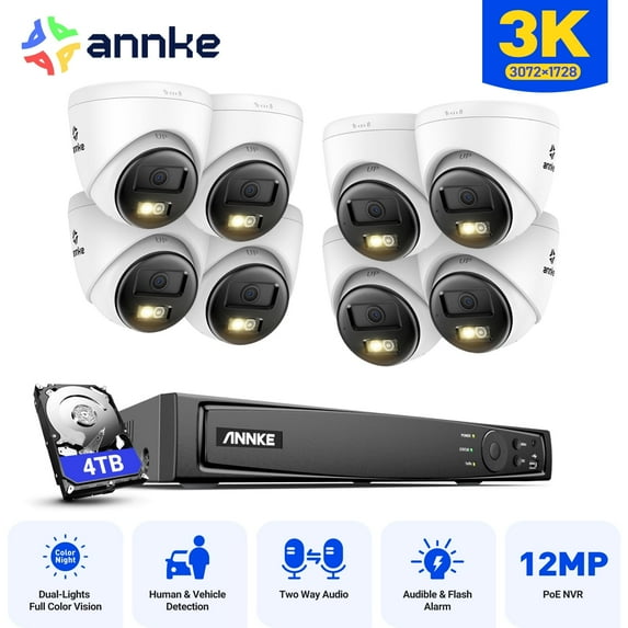 ANNKE H.265+ 3K POE Security Camera System, 16CH 12MP NVR and 8Pcs 3K Outdoor Turret Cameras, AI Human/Vehicle Detection, Smart Dual Light, Color Night Vision, 2.8mm Lens, Built-in Mic, IP67, 4TB HDD