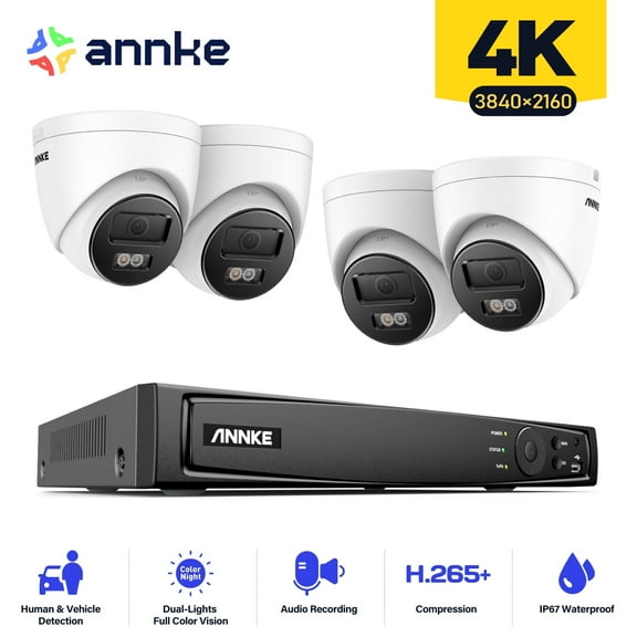 ANNKE H.265+ 4K 8CH PoE Outdoor Surveillance Camera Set, 12MP 8CH NO Hard Drive NVR with 4x 4K PoE IP Turret Camera Outdoor Surveillance, Spotlights, Person/Vehicle Detection, All-weather Color/IR Ni