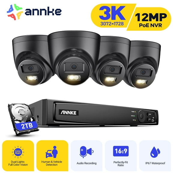 ANNKE H.265+ 8CH PoE Security Camera System, 12MP NVR Recorder and 4 x 3K Outdoor Surveillance Camera, Colour Night Vision, AI Human/Vehicle Detection, Smart Dual Light, Built-in Mic, 2TB HDD