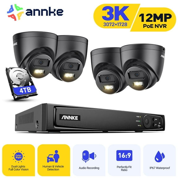 ANNKE H.265+ 8CH PoE Security Camera System, 12MP NVR Recorder and 4 x 3K Outdoor Surveillance Camera, Colour Night Vision, AI Human/Vehicle Detection, Smart Dual Light, Built-in Mic, 4TB HDD
