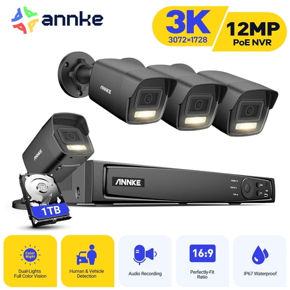 ANNKE H.265+ 8CH PoE Surveillance Camera Set, 12MP NVR Recorder and 4 x 3K Outdoor Surveillance Bullet Camera, Colour Night Vision, Person and Vehicle Detection, Smart Dual Light, 1TB Hard Drive