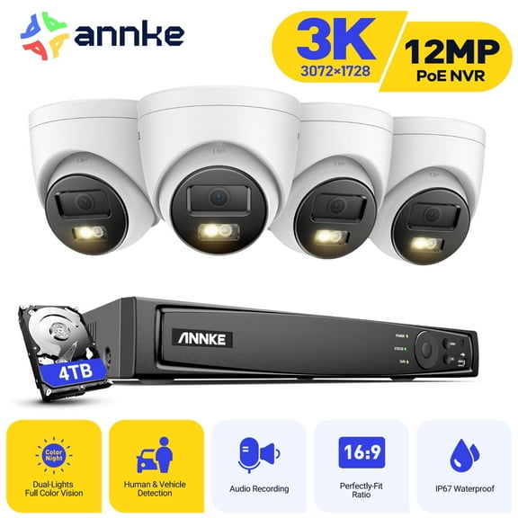 ANNKE H.265+ 8CH PoE Surveillance Camera System Set, 12MP NVR Recorder and 4 x 3K Outdoor Surveillance Camera, Colour Night Vision, AI Human/Vehicle Detection, Smart Dual Light, Built-in Mic, 4TB HDD