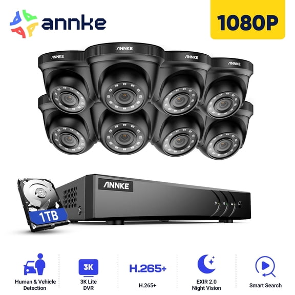 ANNKE H.265+ 8CH Security Camera System with Human/Vehicle Detection, 5-in-1 AI 3K DVR Recorder and 8PCS 2MP Indoor & Outdoor Turret Black Cameras, 100 ft Night Vision, Email Alert with Snap, 1TB HDD