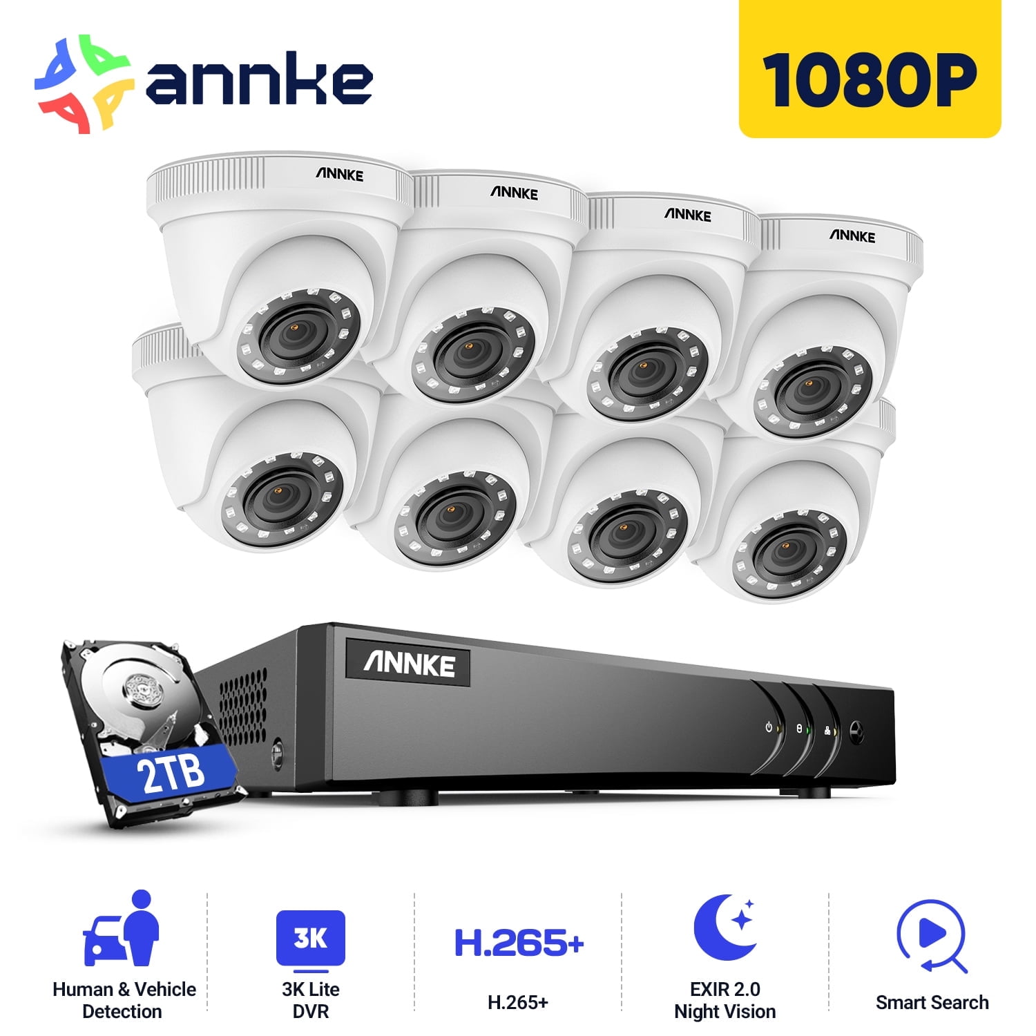 ANNKE H.265+ 8CH Wired Security Camera System with Human/Vehicle Detection, 5-in-1 AI 3K DVR Recorder and 8PCS 2MP Indoor & Outdoor Turret Cameras, 100 ft Night Vision, Email Alert with Snap, 2TB HDD