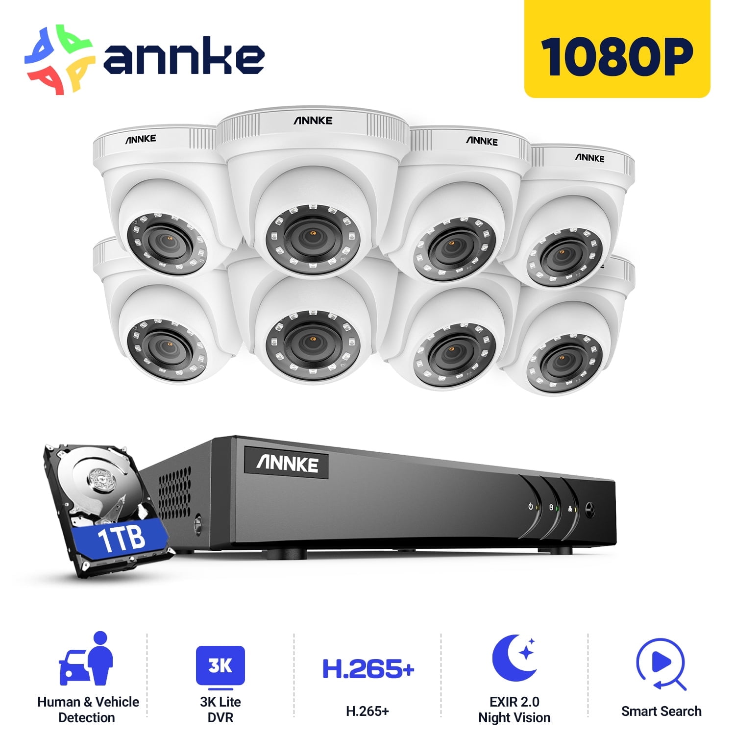 ANNKE H.265+ 8CH Wired Security Camera System with Human/Vehicle Detection, 5-in-1 AI 3K DVR Recorder and 8PCS 2MP Indoor & Outdoor Turret Cameras, 100 ft Night Vision, Email Alert with Snap, 1TB HDD